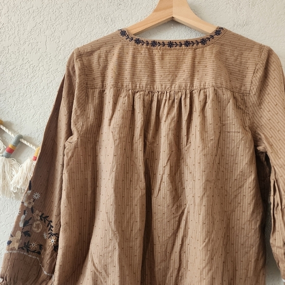 J. Jill Floral Embroidered Button Up Half Sleeve Brown Top Boho Modest Prairie S - Picture 10 of 11